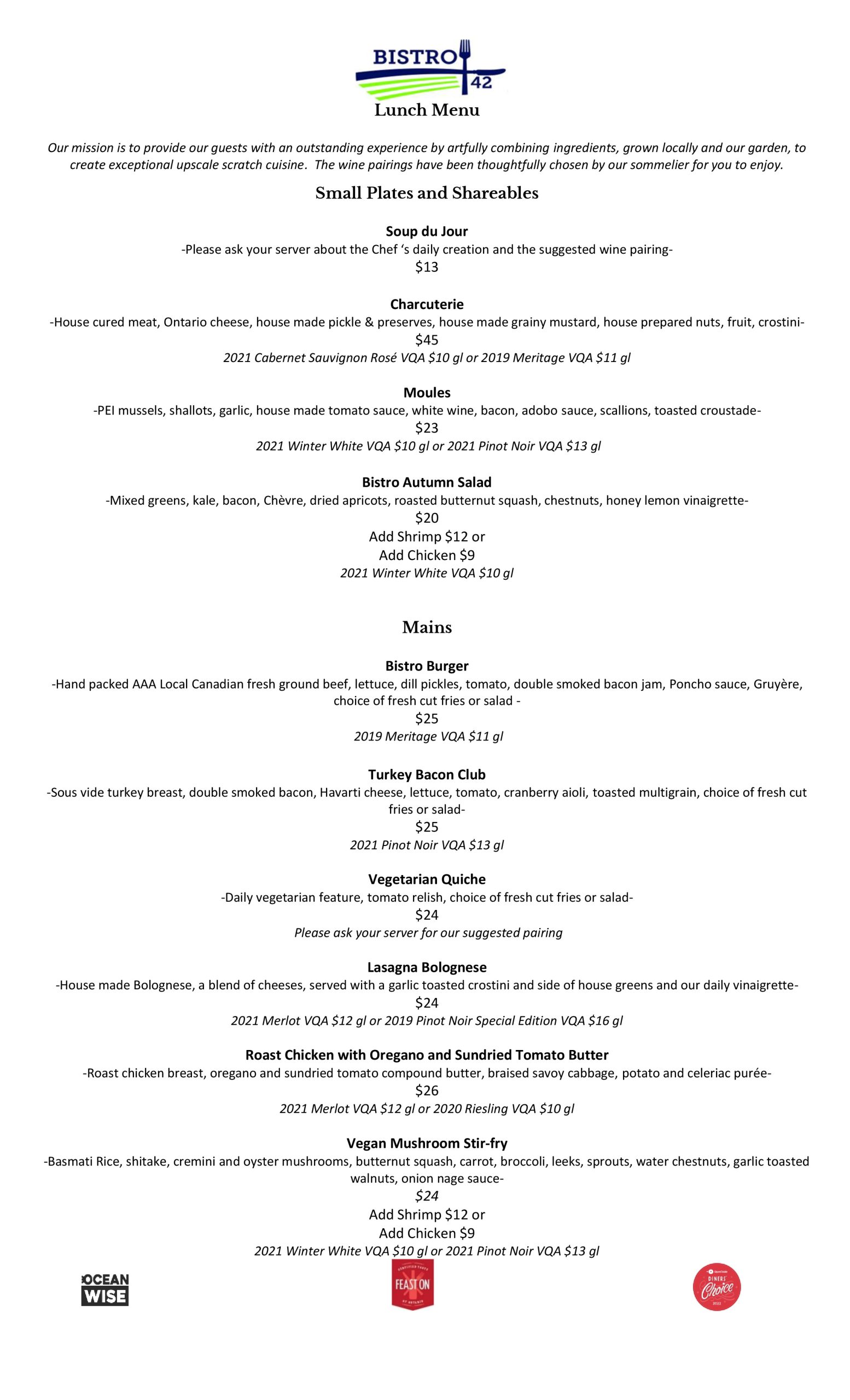 North 42 Degrees Estate Winery Lunch Menu