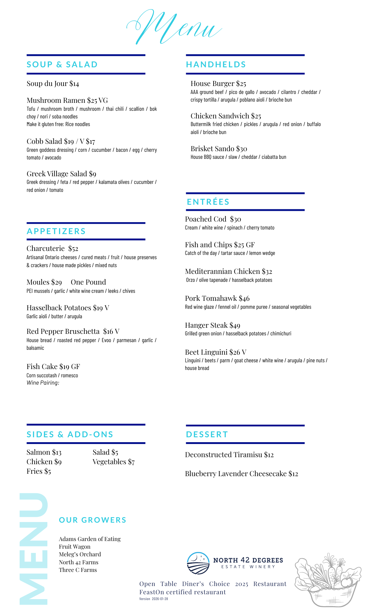 Spring Menu North 42 Degrees Estate Winery
